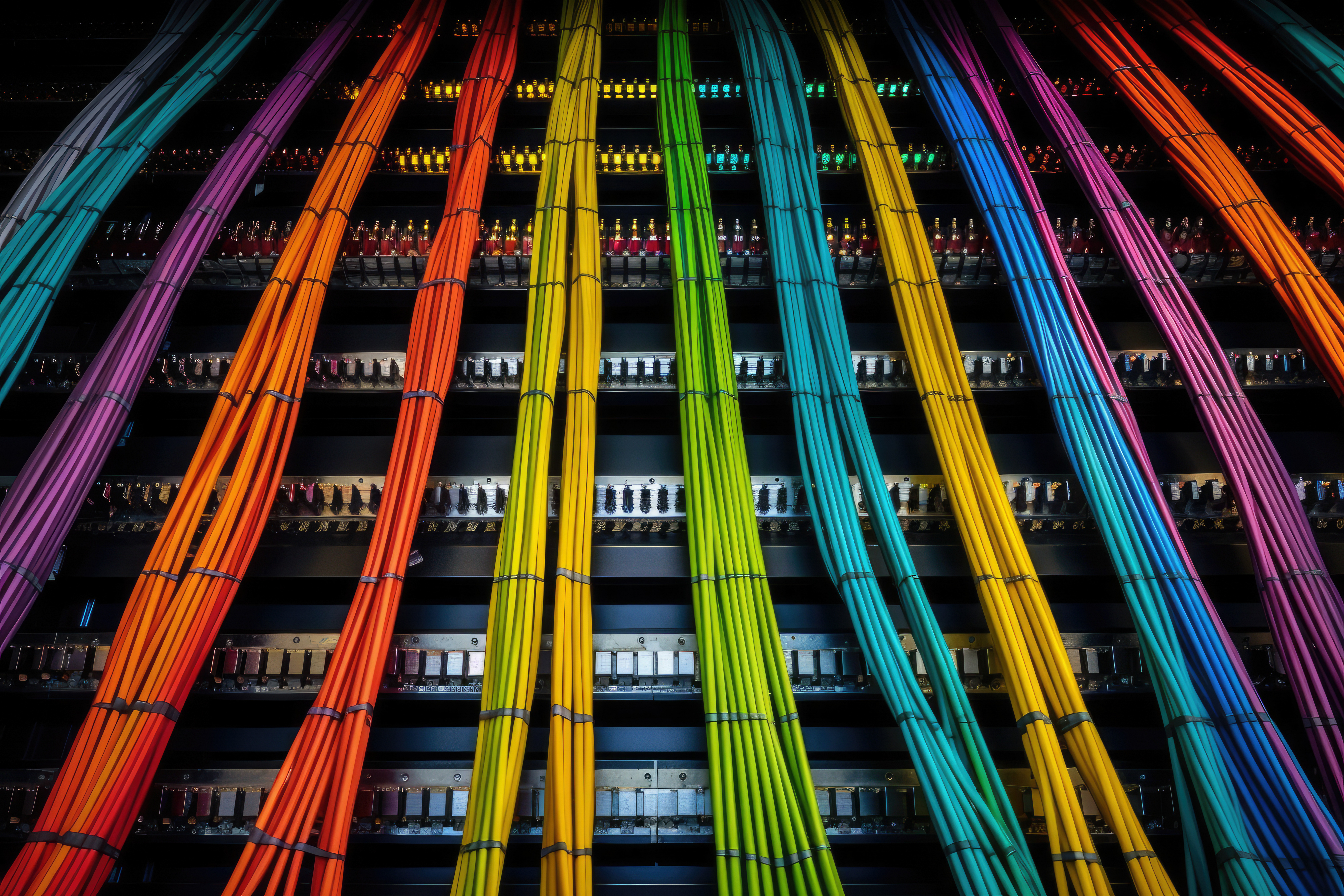 captivating aerial perspective of a vibrant cable tray network in a cutting edge data center, showcasing an array of wires and cables
